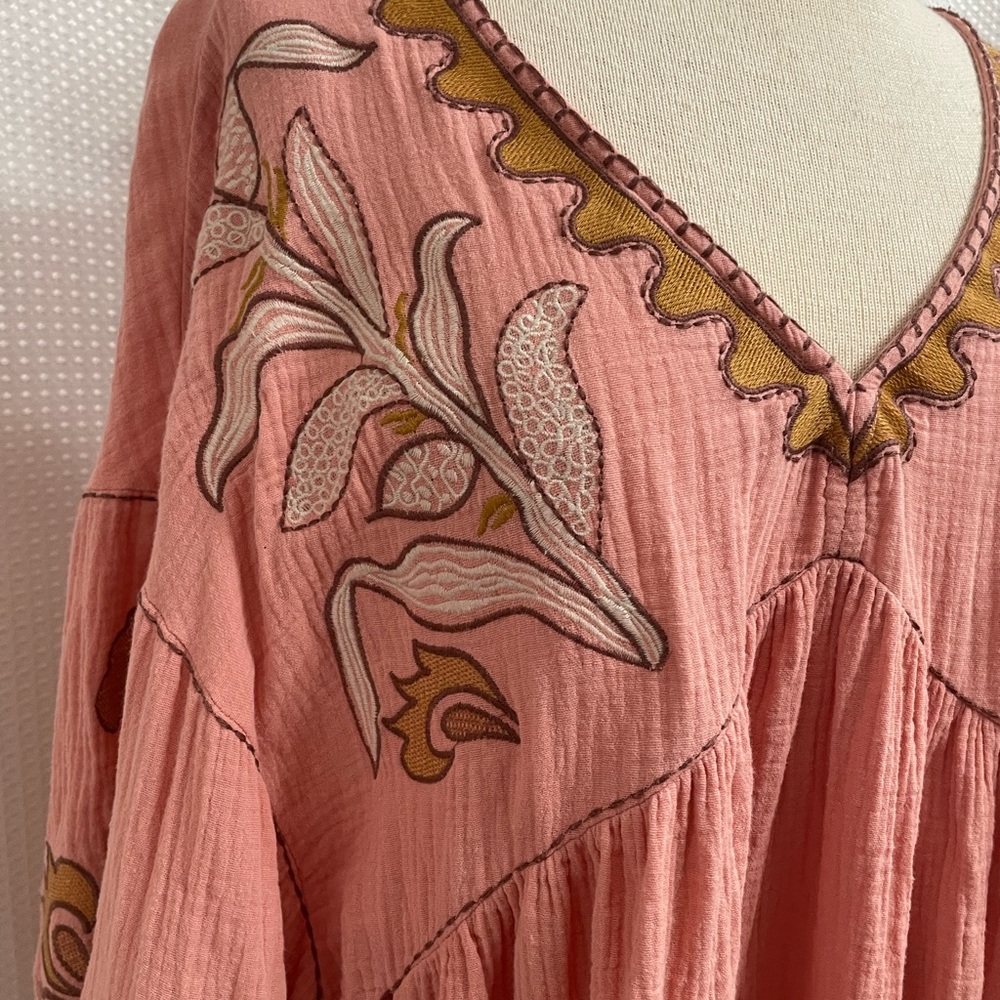Easel Babydoll Top Gauzy Bohemian Pink Embroidered Women's L - Picture 3 of 6